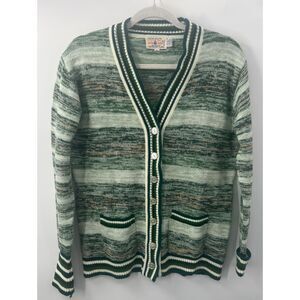 Vintage 70s Boho Space Dye Stripe Green Pocket Cardigan Sweater Size 16 L